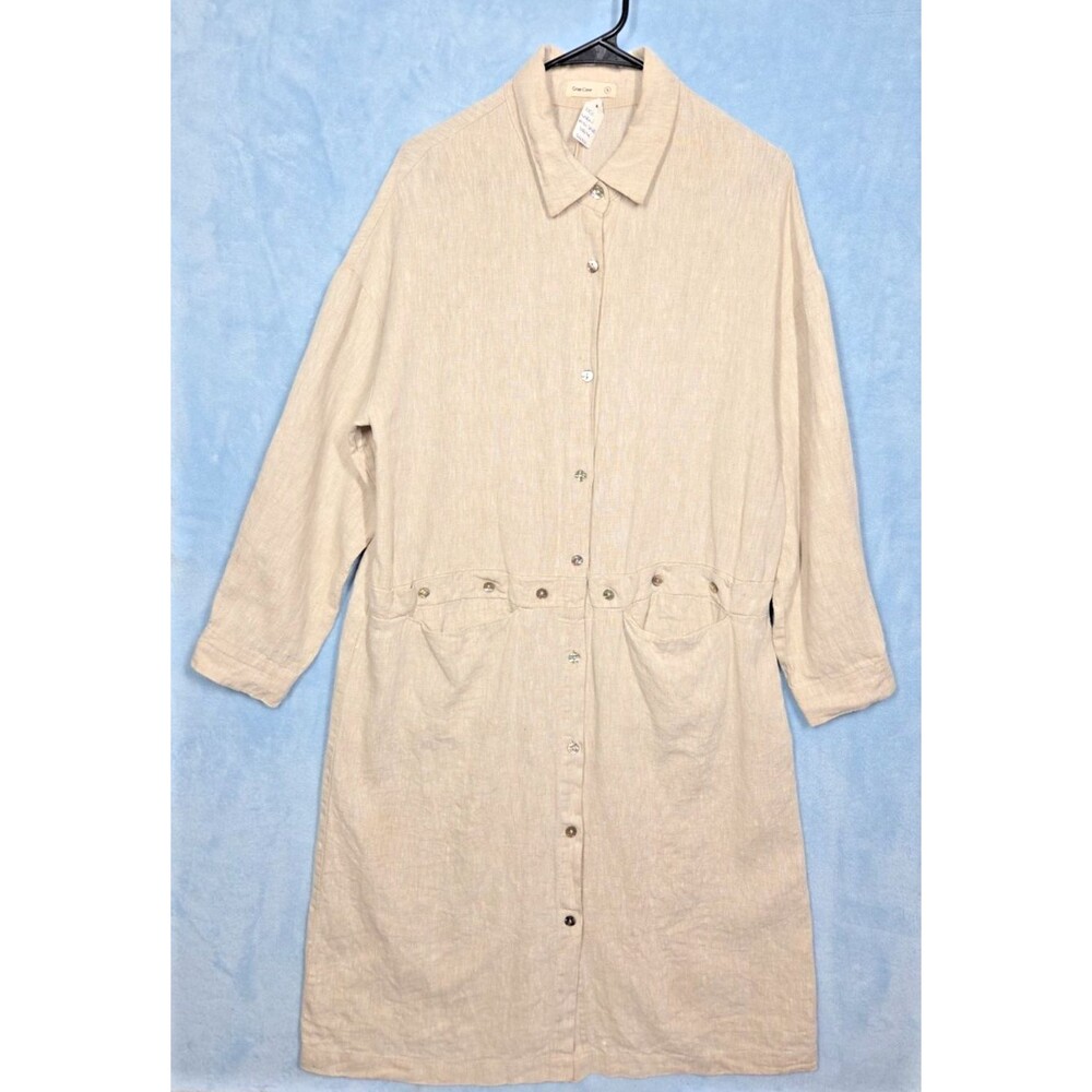 Grae Cove Natural Tan Beige 100% Linen Button-Front Womens Shirt Dress sz SMALL